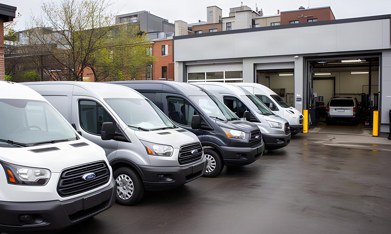 Commercial vans and pickup trucks lined up outside a Montreal vehicle service centre