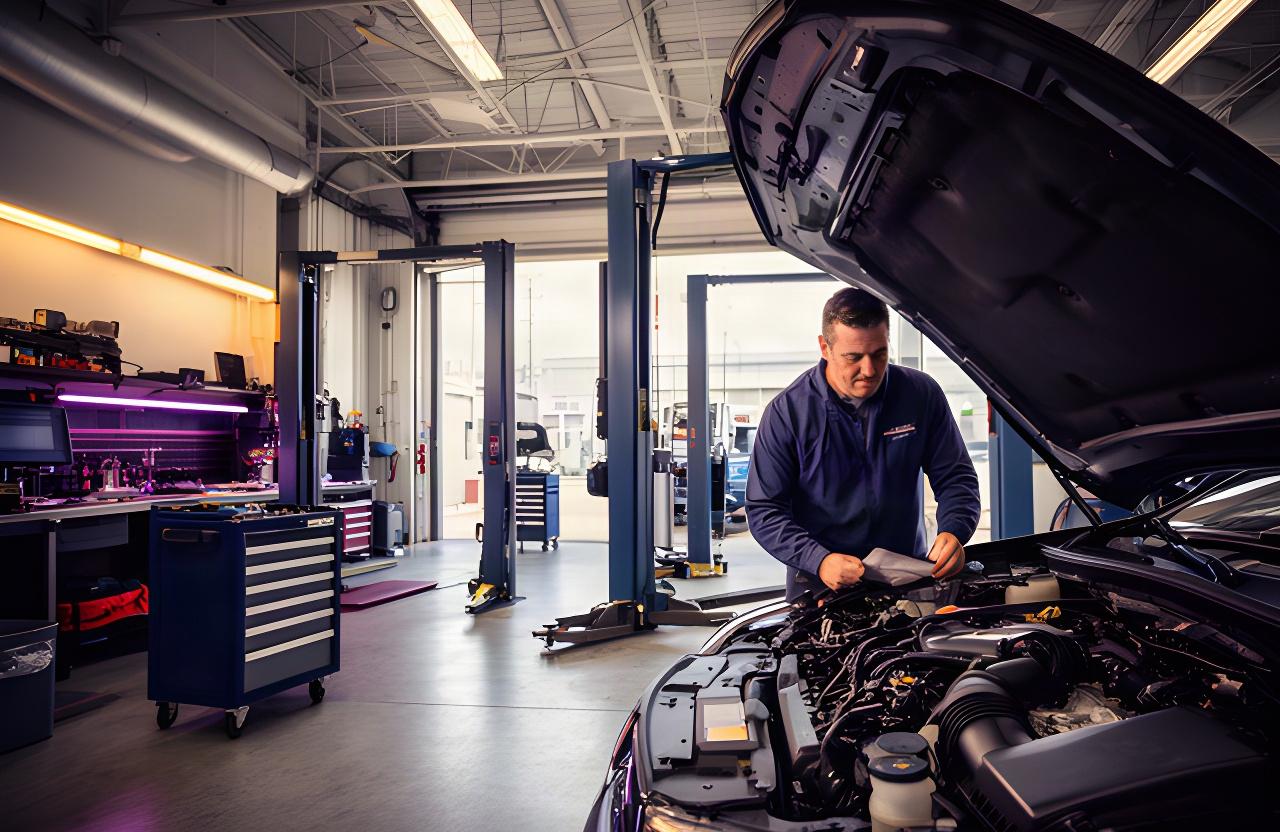Technician inspecting an open engine bay inside a Montreal auto repair workshop