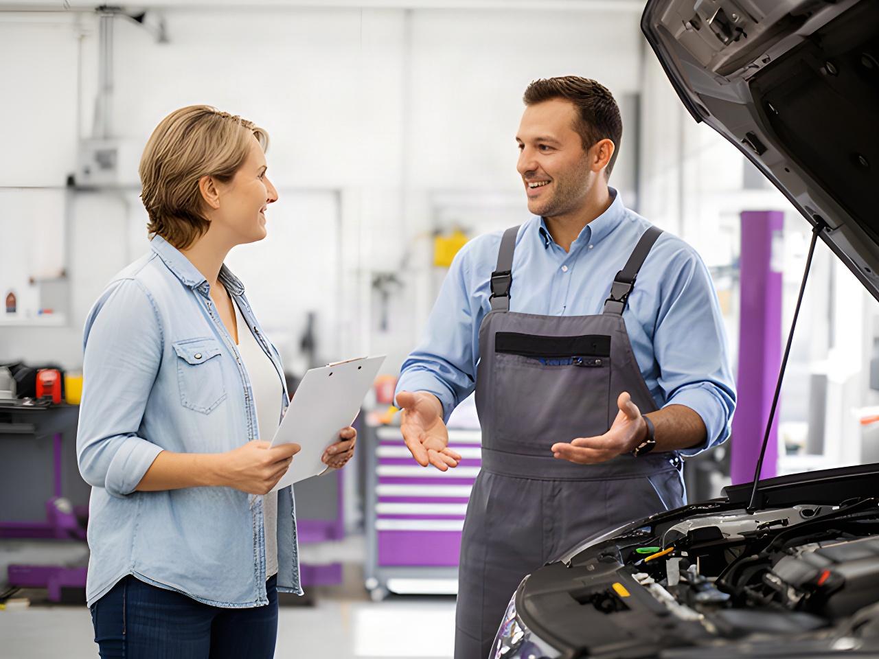 Customer speaking with an automotive technician beside a serviced vehicle in a bright garage