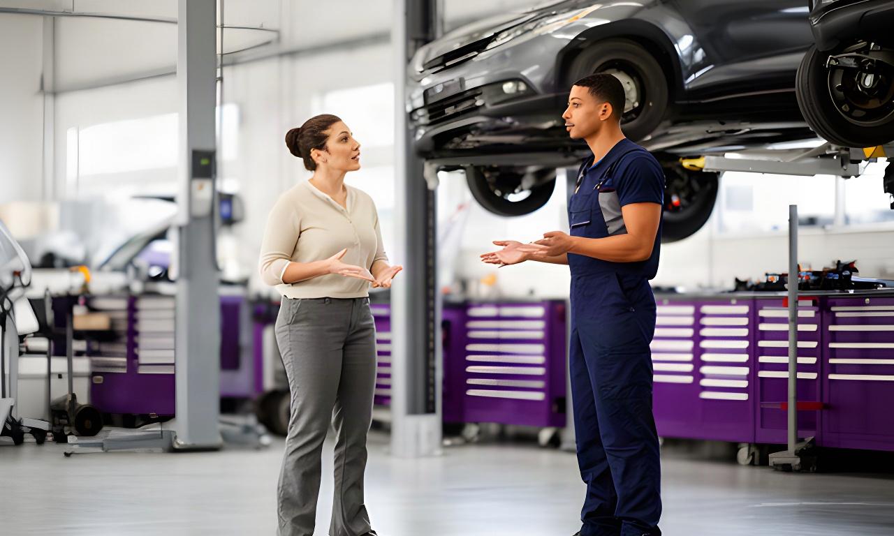 Customer speaking with an automotive technician beside a lifted car in a clean workshop