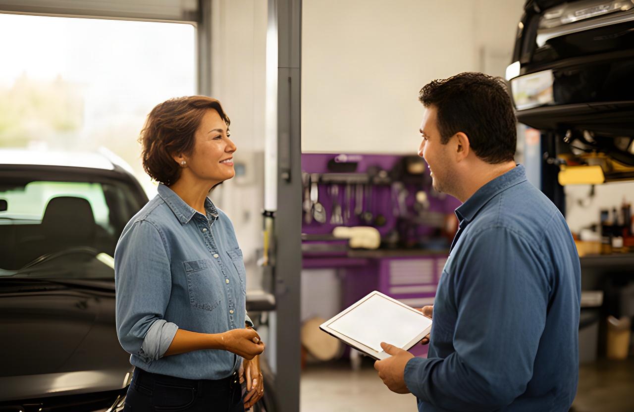 Automotive advisor discussing a repair estimate with a customer beside a vehicle in the garage