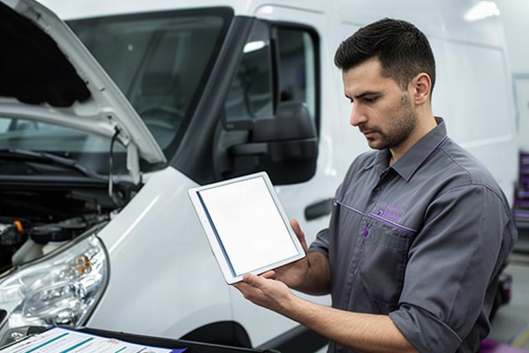 Technician reviewing a preventive maintenance checklist on a tablet beside a commercial vehicle