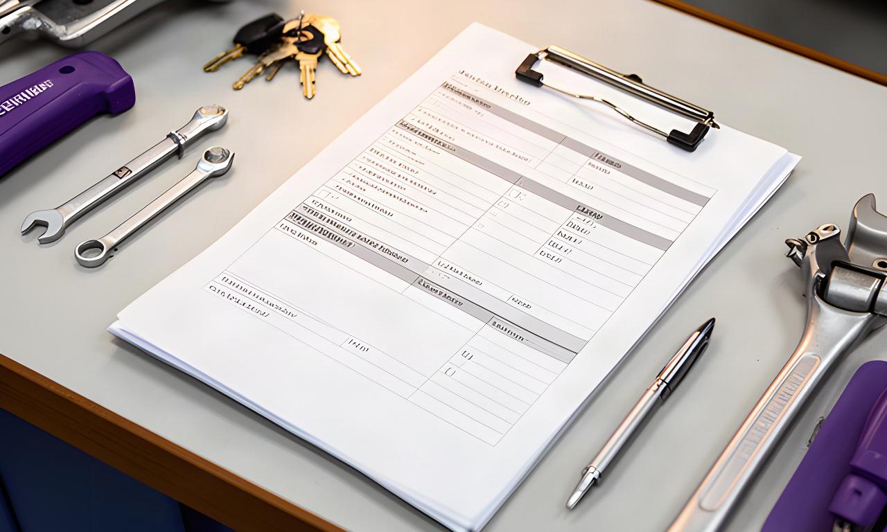 Printed vehicle inspection notes and service estimate on a desk inside an automotive workshop