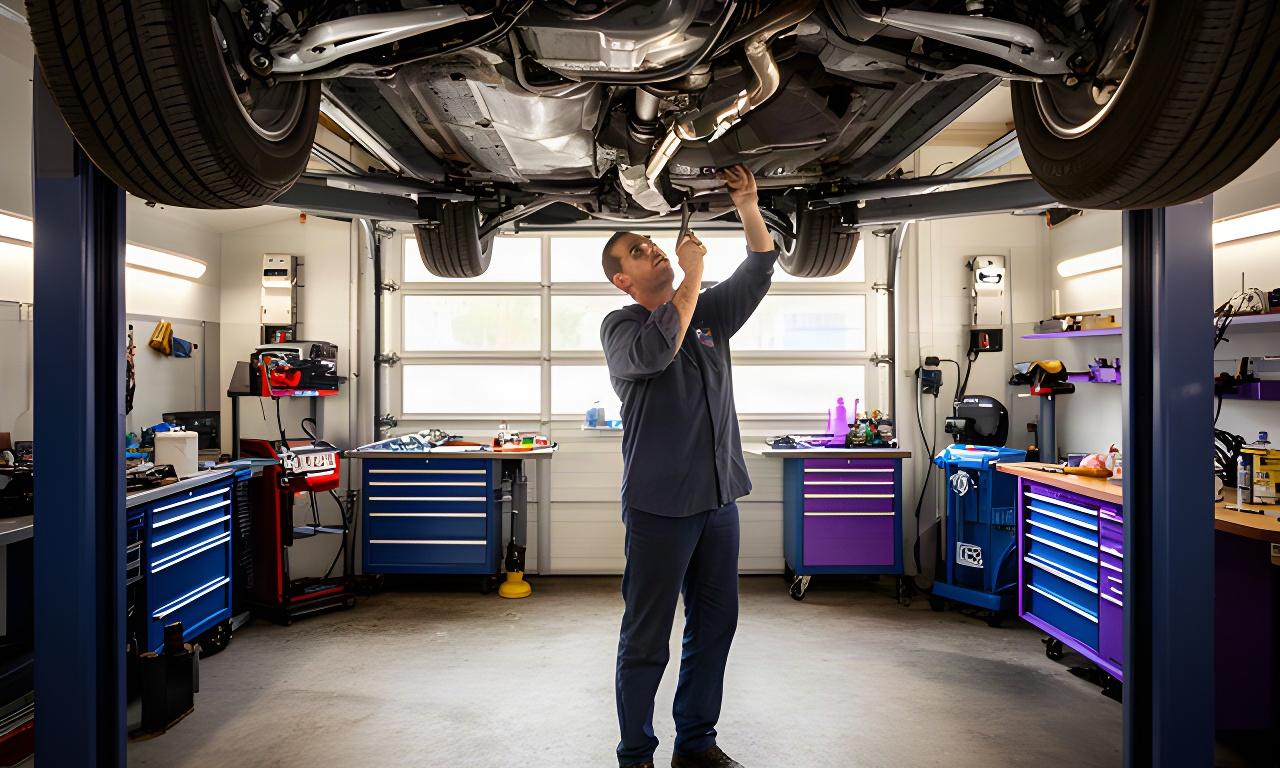 Mechanic working beneath a lifted vehicle inside a two-bay Montreal garage