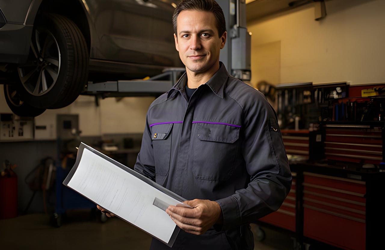 Red Seal-certified technician reviewing a vehicle inspection beside a workshop lift