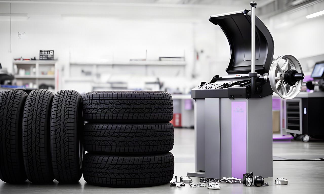 Seasonal tire set beside a wheel balancer inside a tidy automotive service centre