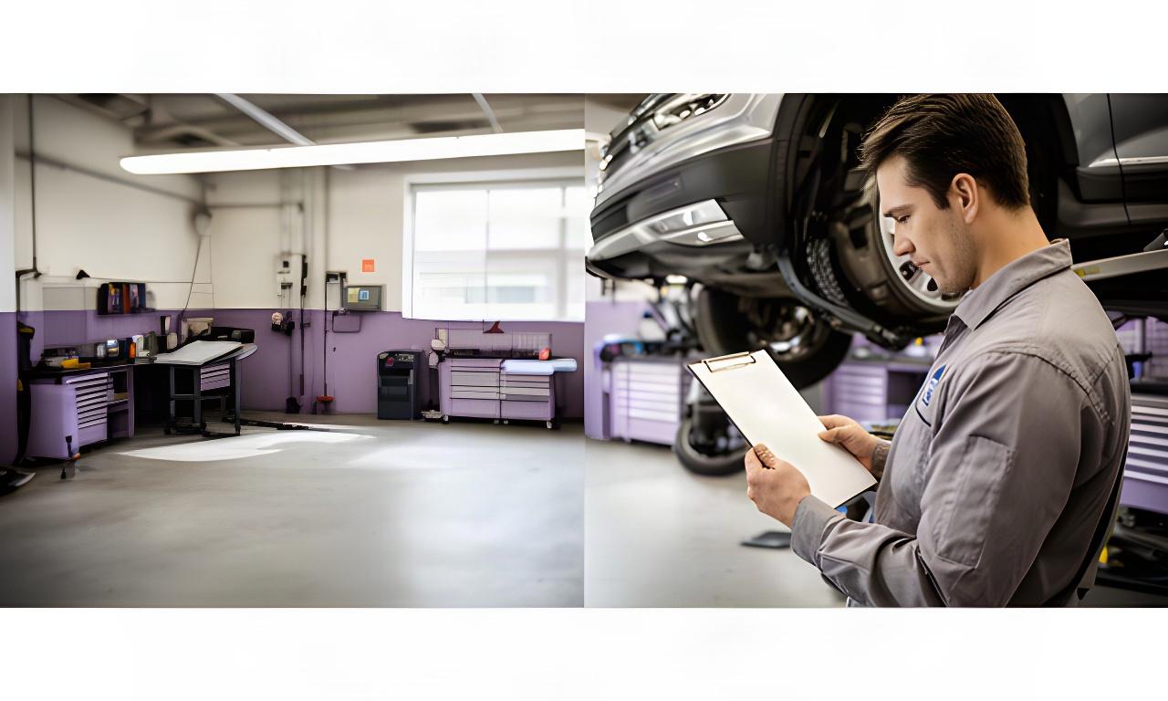 Mechanic reviewing a customer work order beside a vehicle in a Montreal automotive service bay
