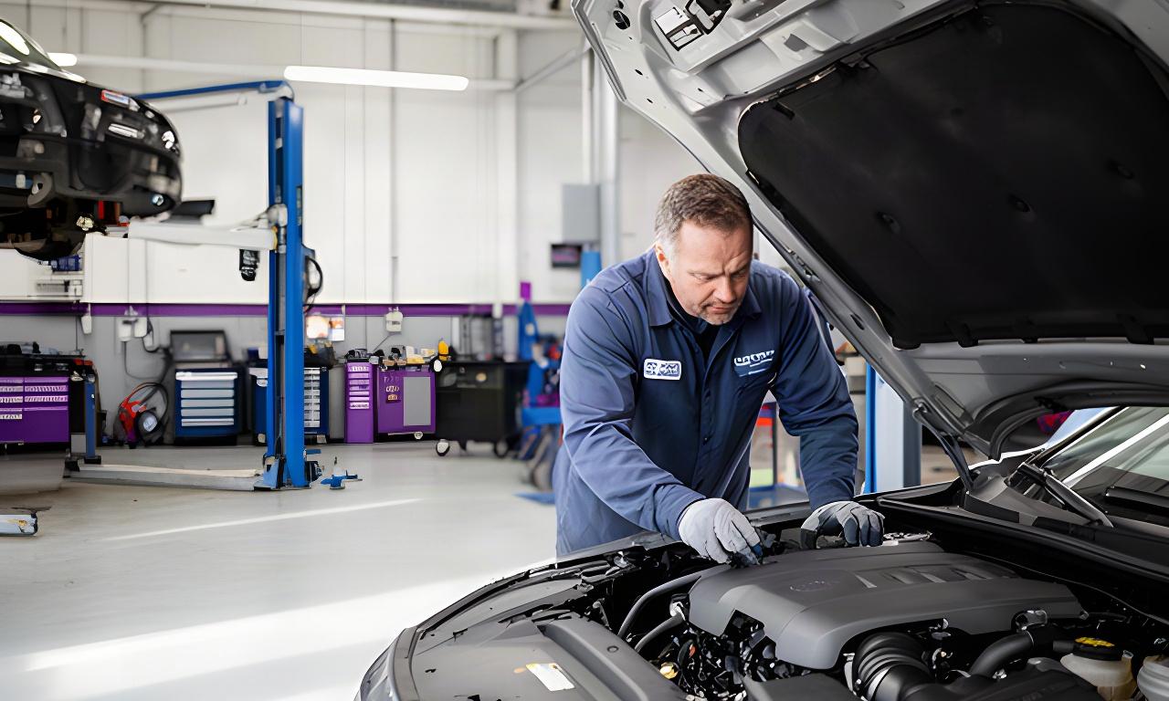 Technician inspecting an open engine bay inside a well-equipped Montreal auto repair shop