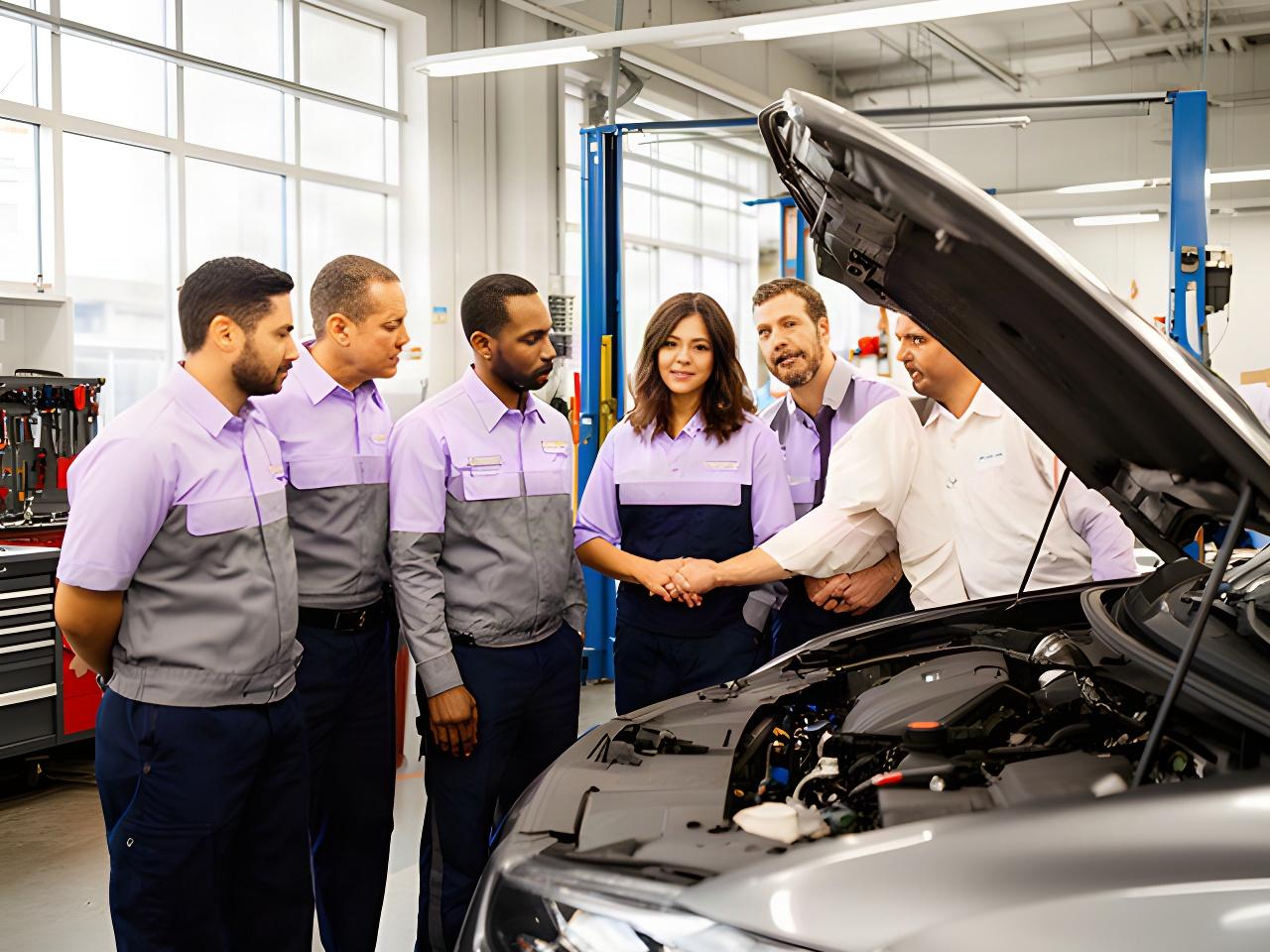 Automotive service team inspecting a vehicle inside a bright Montreal garage