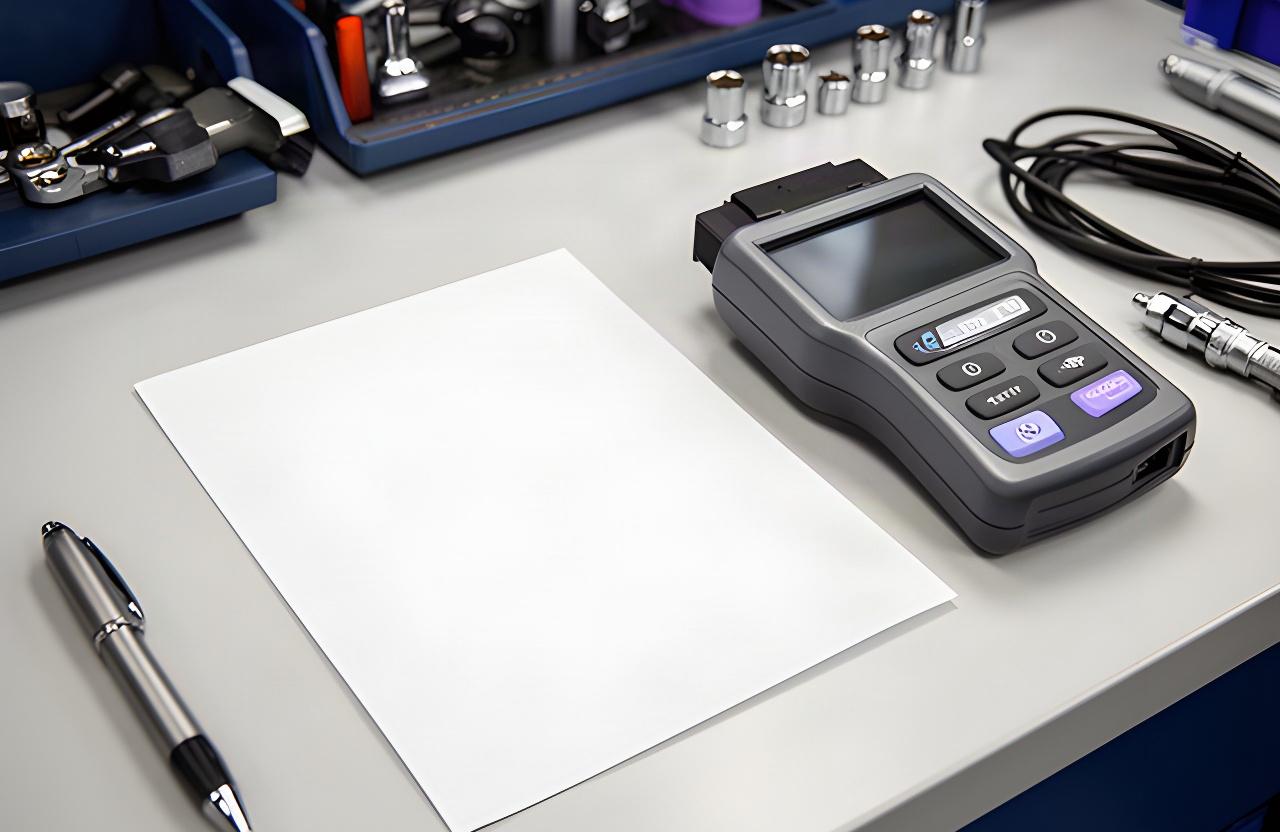Printed automotive repair estimate beside a diagnostic tool on a clean service counter