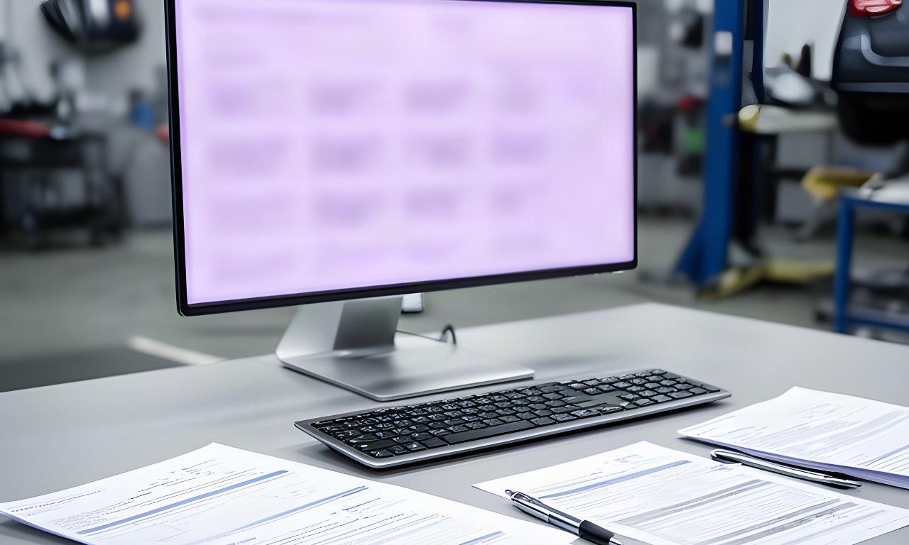 Automotive office computer displaying a secure booking service beside repair paperwork