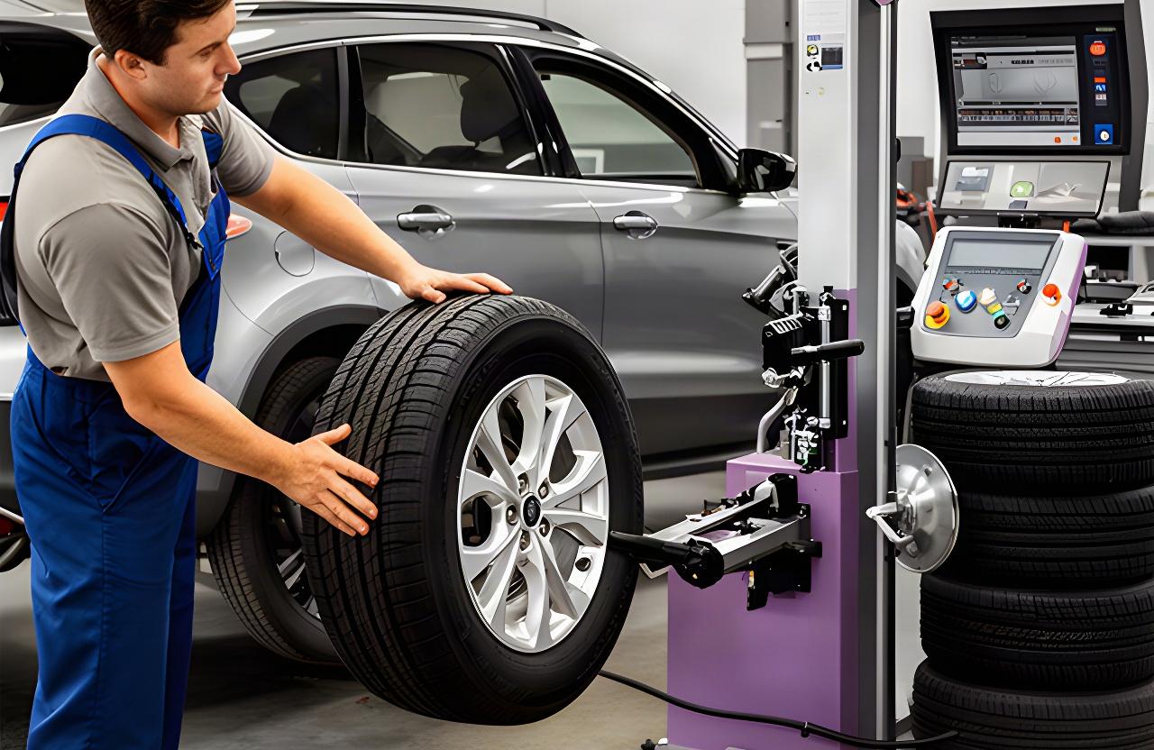 Technician fitting seasonal tires to a crossover vehicle with an alignment machine nearby