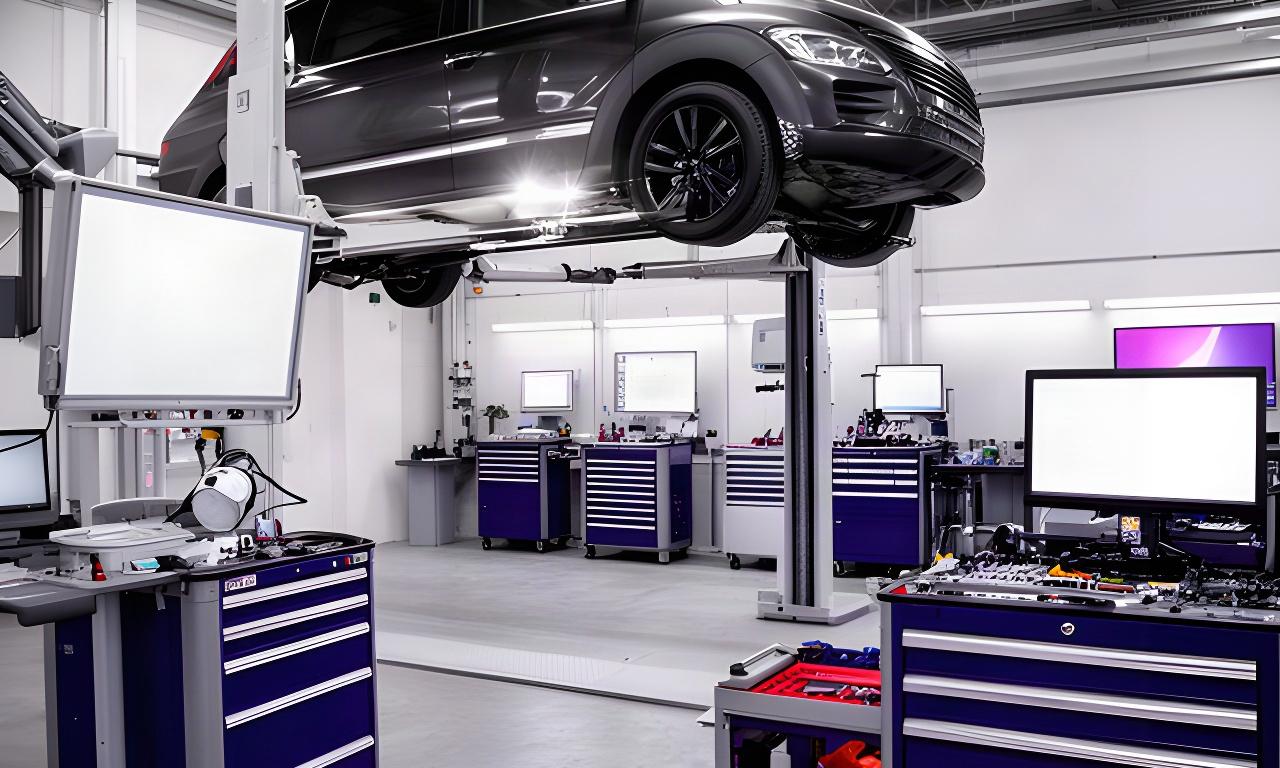 Vehicle raised in an automotive diagnostic bay with tools arranged for seasonal service