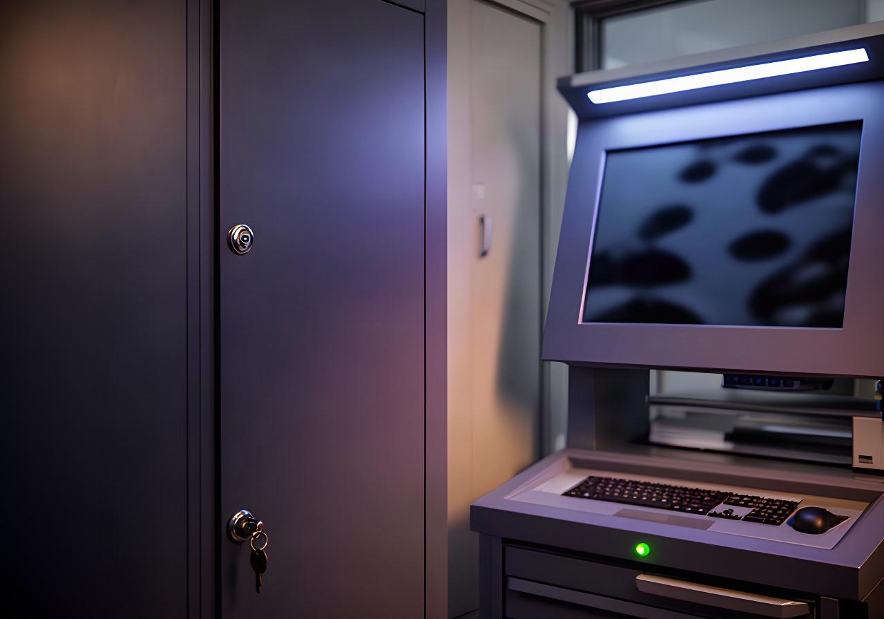 Locked records cabinet and secure computer terminal in an automotive service office