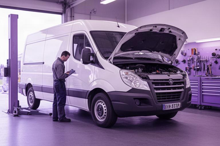 White commercial cargo van being inspected inside a clean Montreal service bay