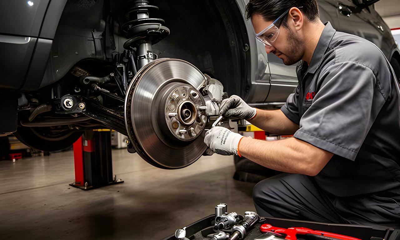 Automotive technician servicing brake and suspension components on a raised car