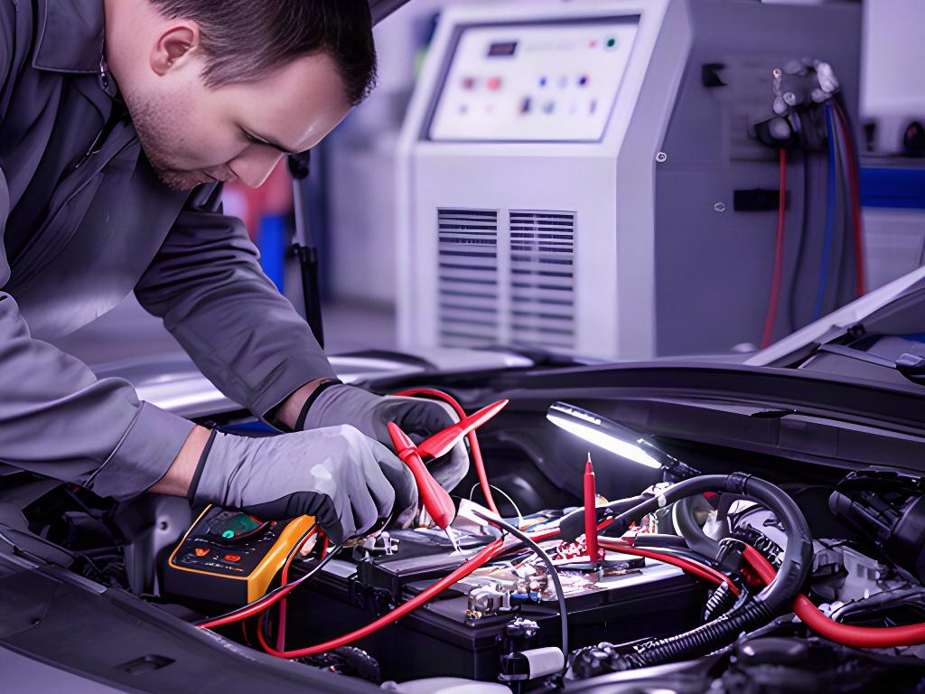 Technician testing a vehicle battery and electrical connections in an automotive workshop
