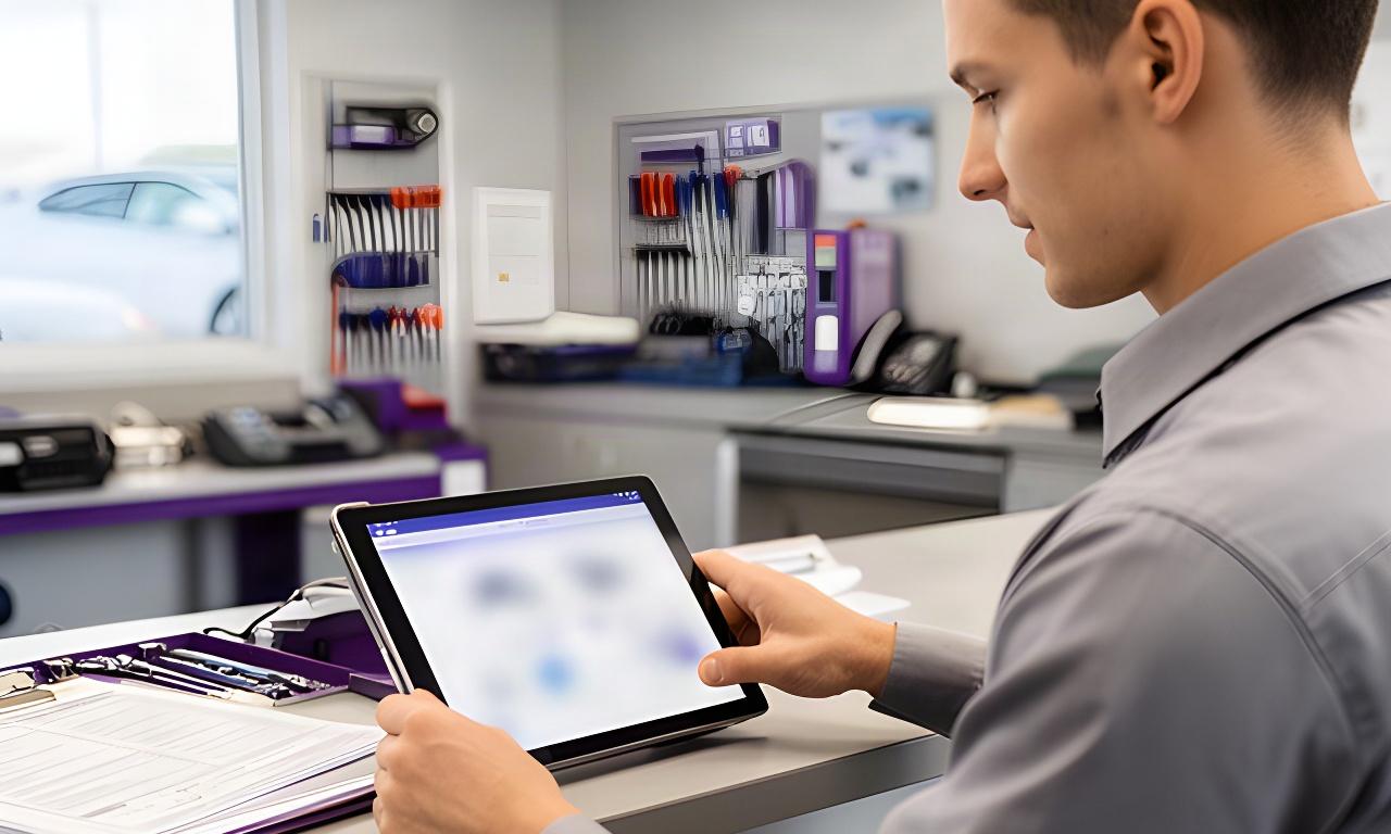 Service adviser entering vehicle details into a tablet at an automotive repair counter