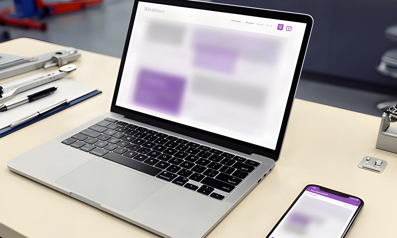 Laptop showing an appointment page beside a smartphone on an automotive service desk
