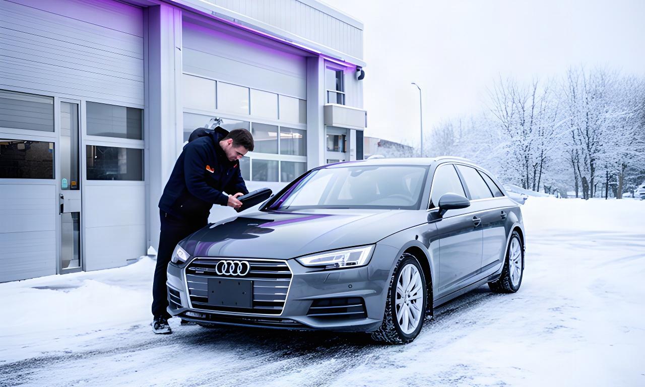 Technician inspecting a car outside a Montreal garage after a fresh snowfall