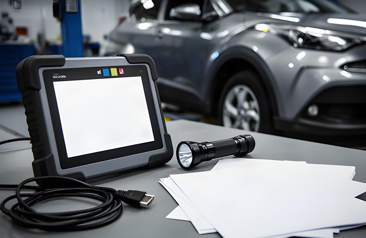 Digital diagnostic equipment and inspection notes positioned beside a vehicle in a repair bay