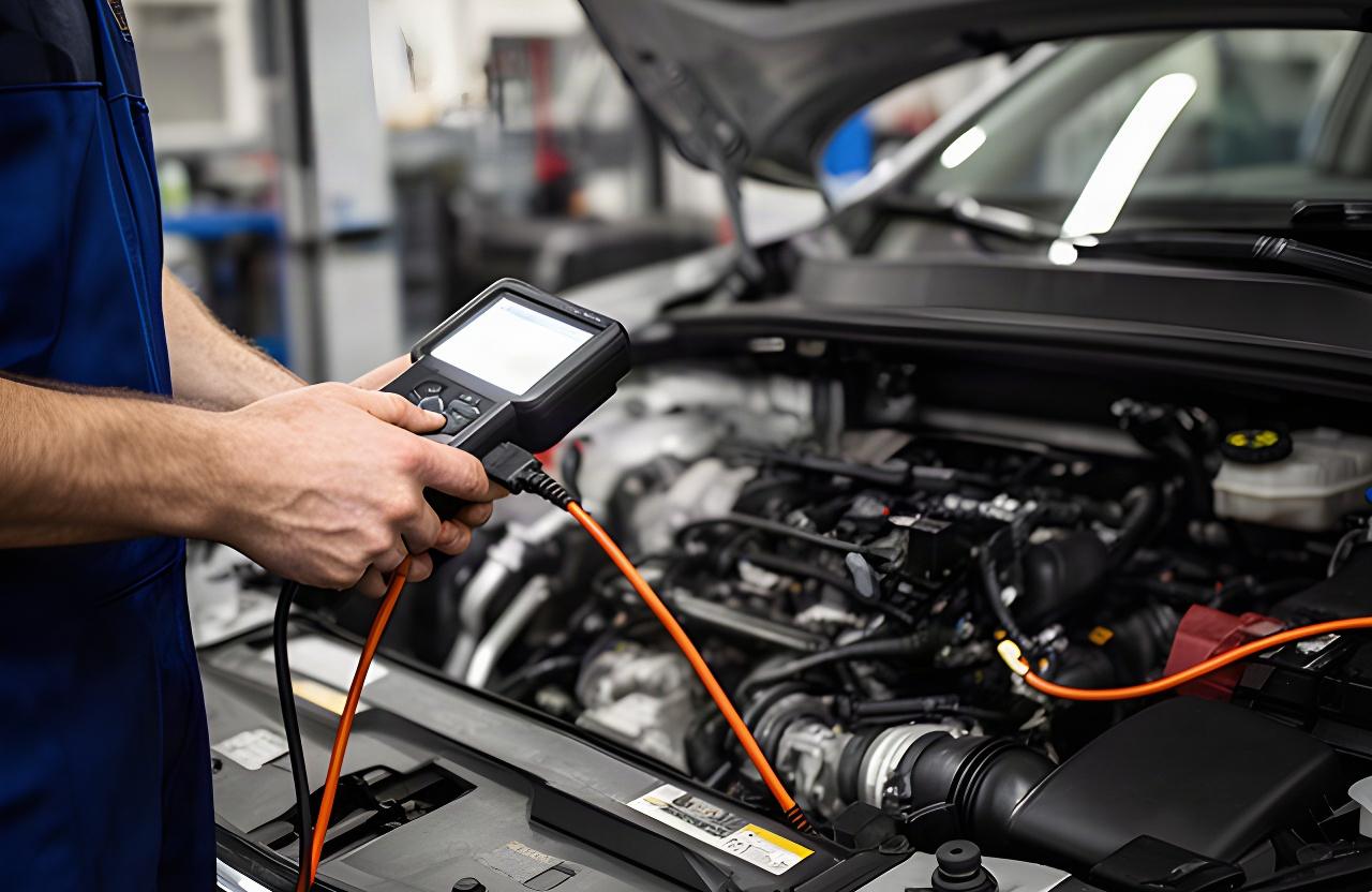 Automotive technician connecting a diagnostic scanner beside a detailed engine bay