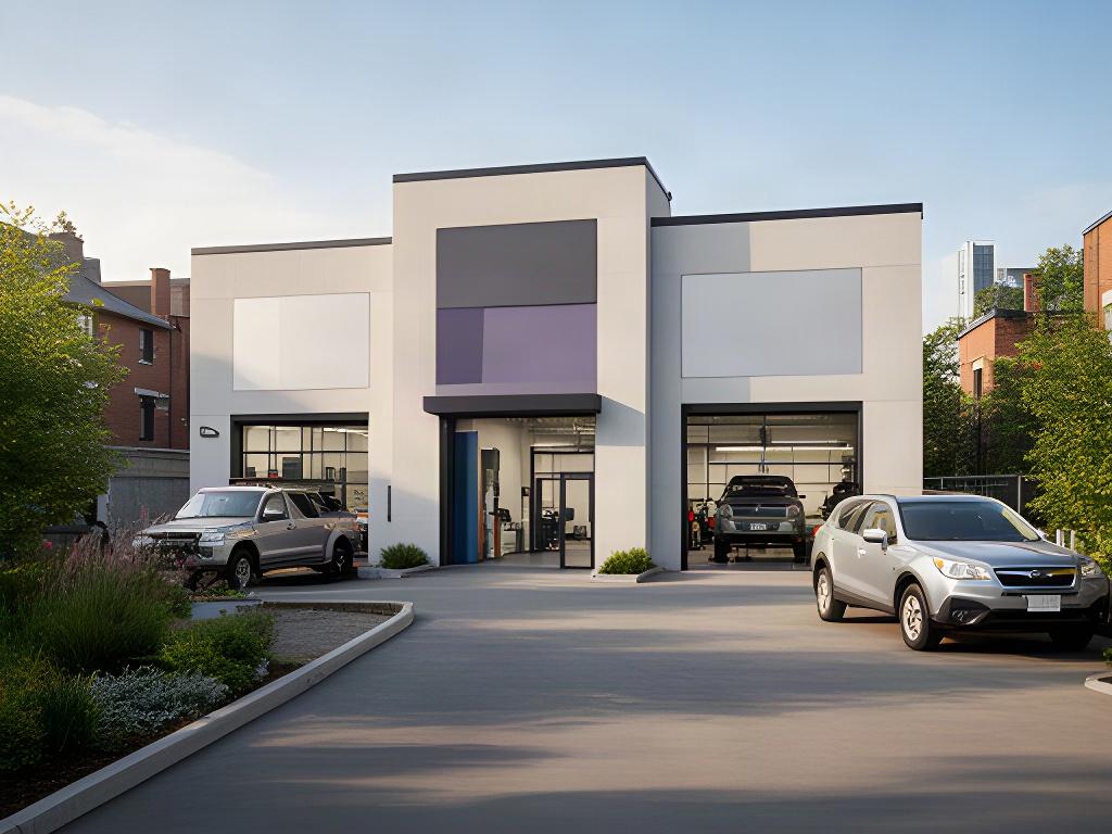 Exterior of a professional automotive repair shop in Montreal on a clear afternoon