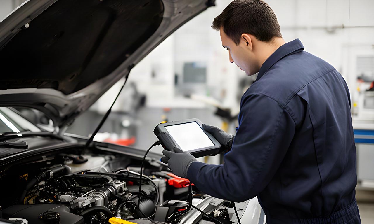 Technician inspecting an engine bay with diagnostic equipment in a clean service bay