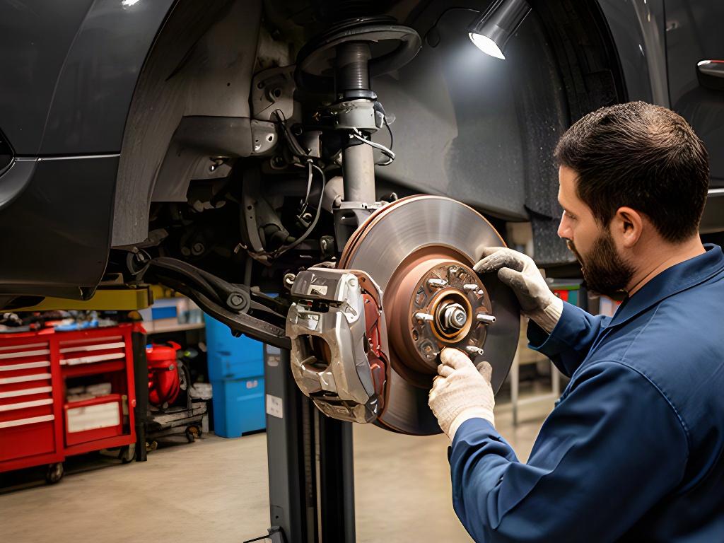 Mechanic checking brake components and suspension parts on a raised vehicle