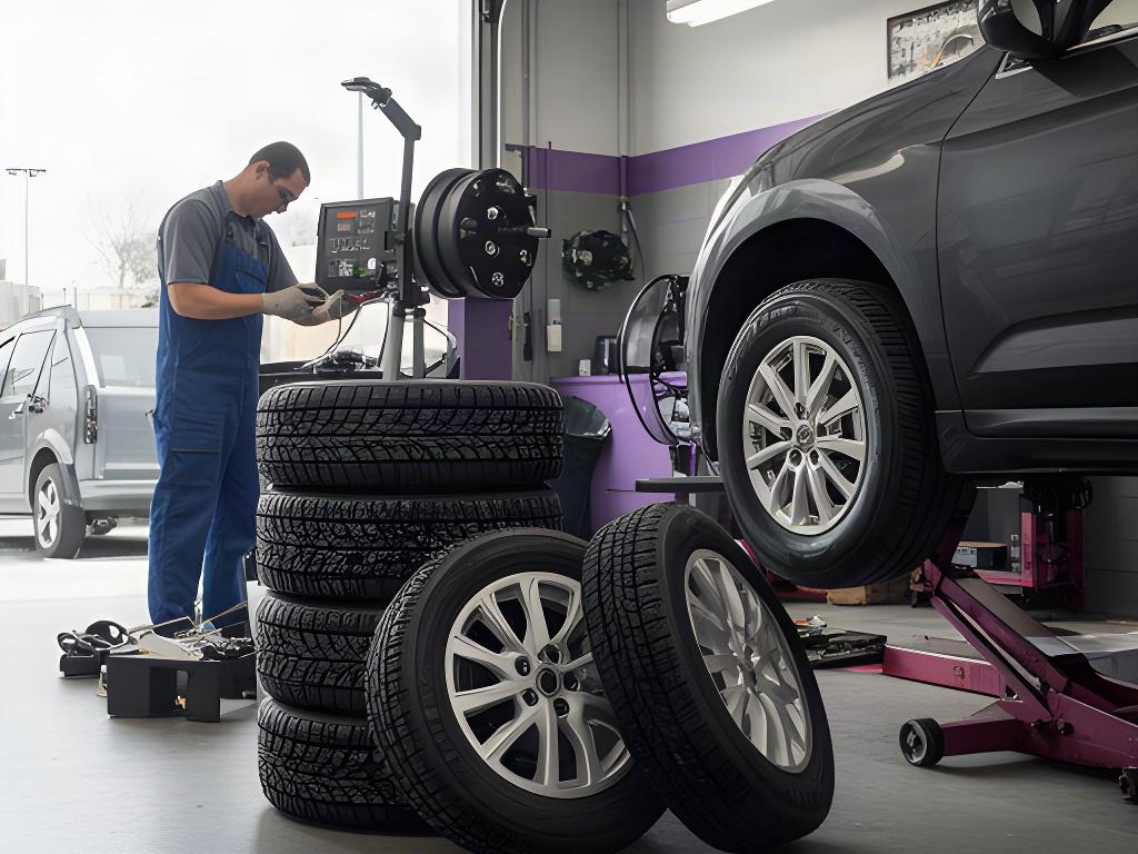 Seasonal tires arranged beside a vehicle ready for wheel service at a Montreal garage