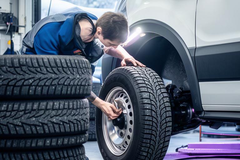 Technician fitting winter tires to a commercial van during seasonal fleet service