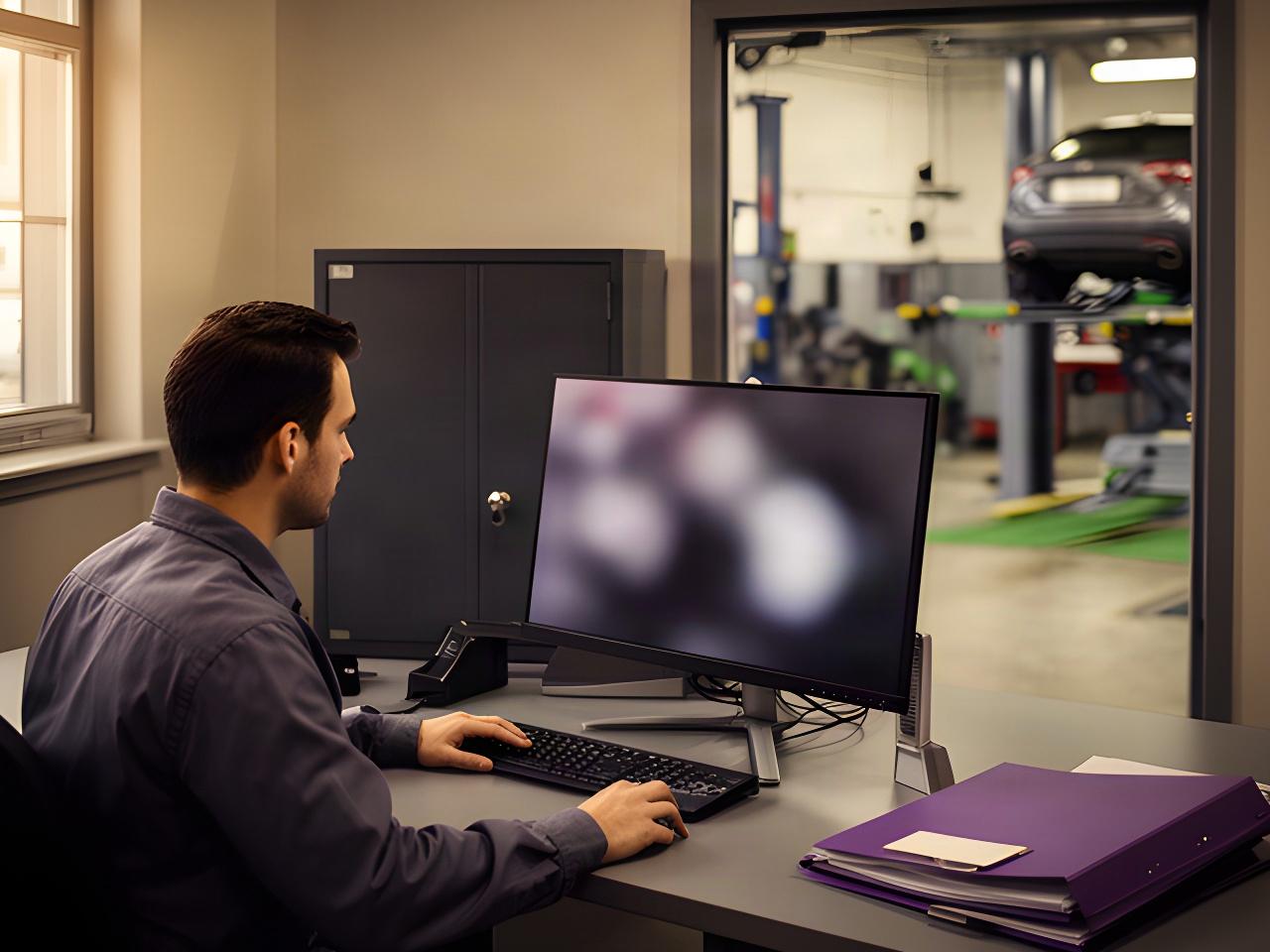 Service advisor working at a secure office computer in a Montreal automotive repair shop