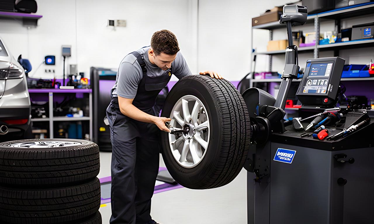 Technician balancing a vehicle wheel beside tire equipment in an automotive service bay