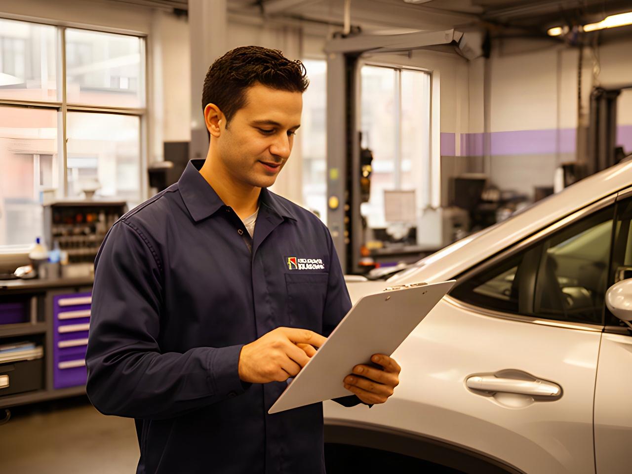 Automotive technician reviewing repair notes beside a vehicle in a clean Montreal workshop