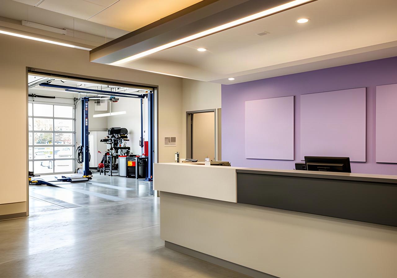 Front desk and service entrance inside a Montreal automotive repair shop