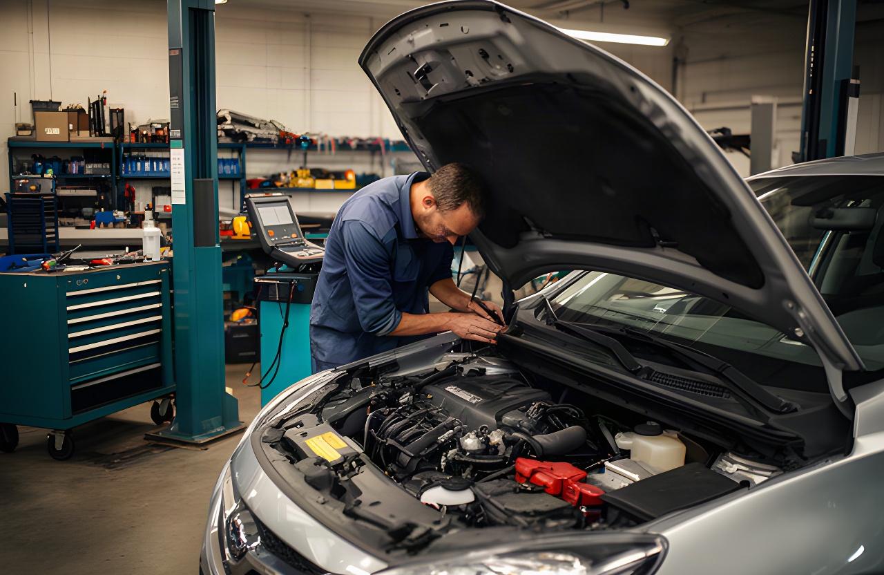 Mechanic working beneath the hood of a compact car in a well-equipped repair workshop