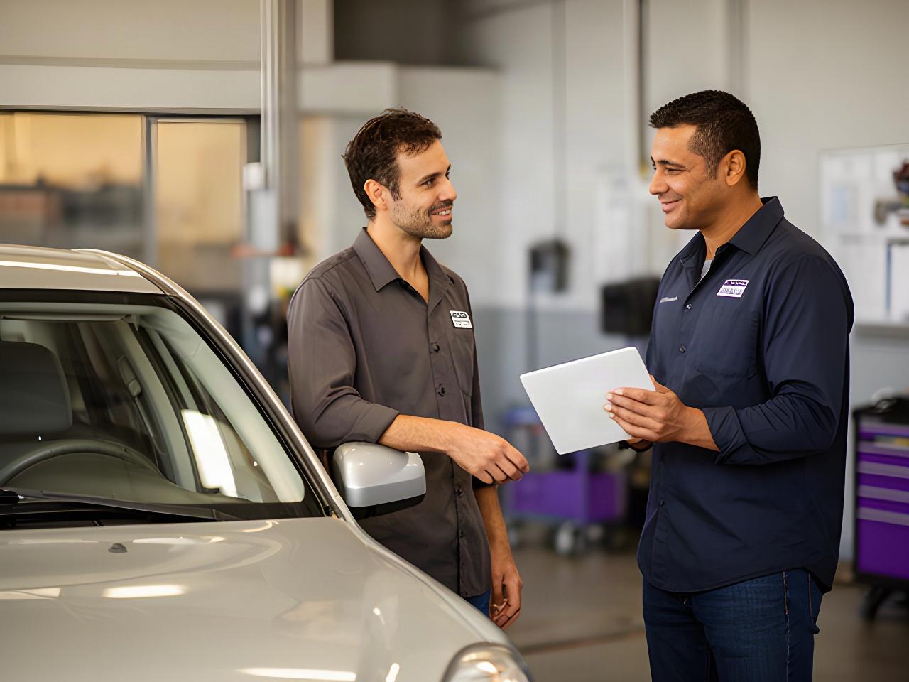 Customer receiving vehicle service information beside a repaired car at an automotive shop