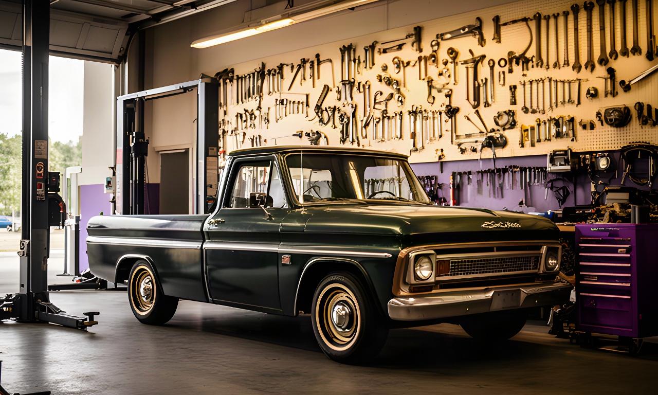 Classic GMC Squarebody beside organized tools and service equipment inside the garage