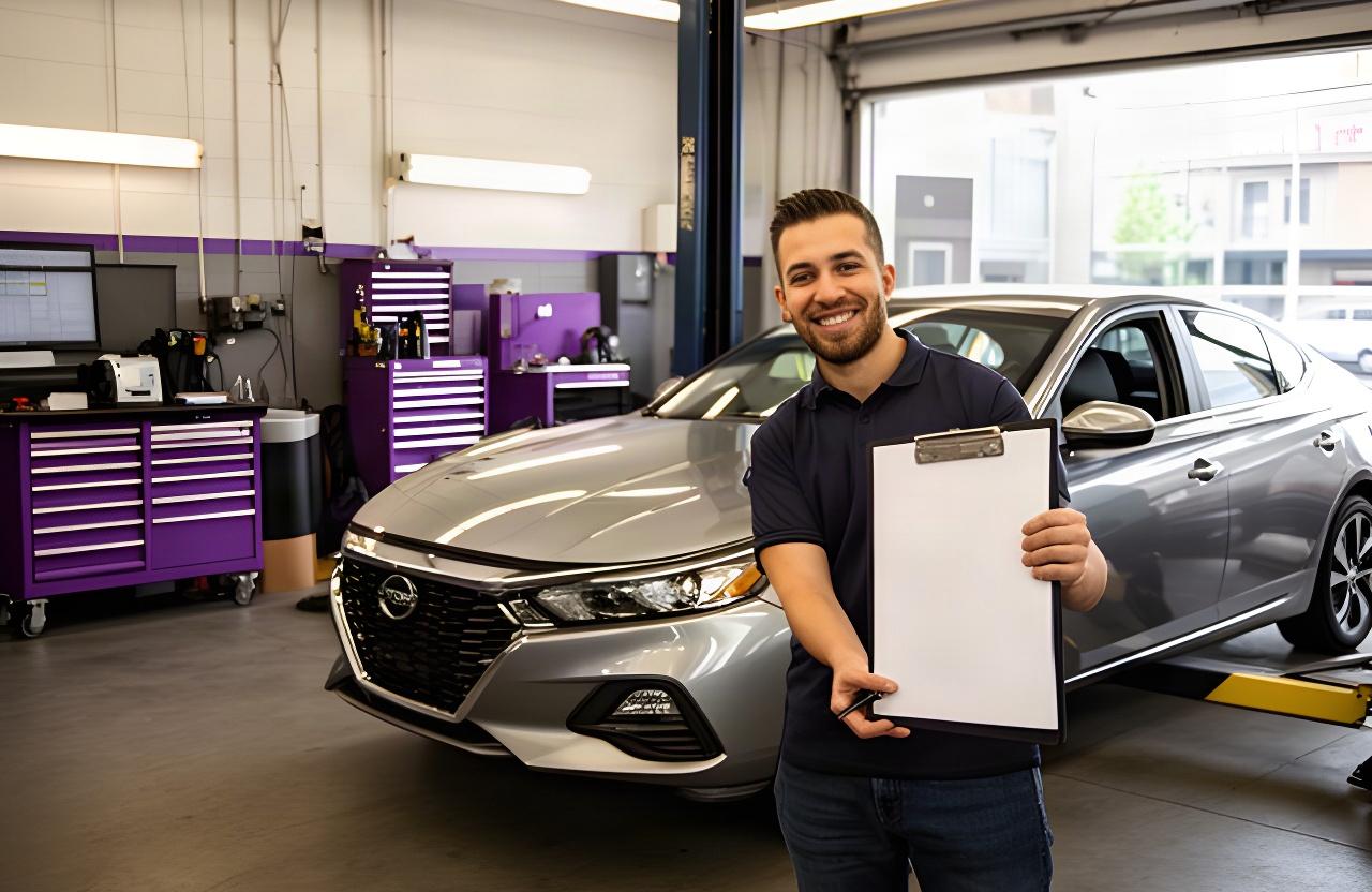 Service advisor reviewing a vehicle appointment beside a car in a Montreal repair shop