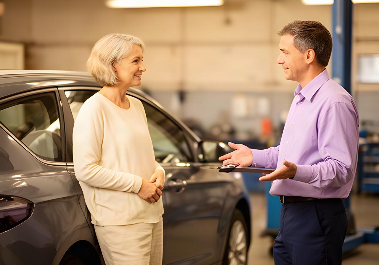 Customer speaking with an automotive service adviser beside a serviced car indoors