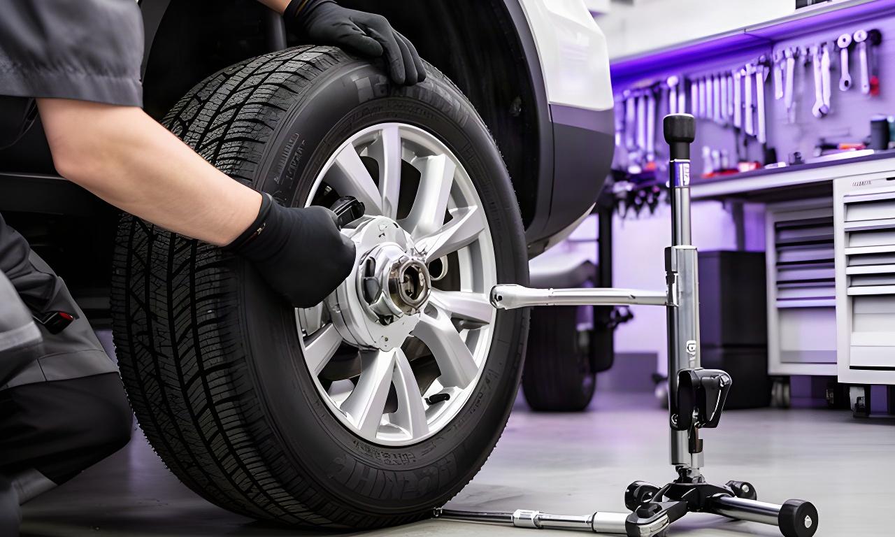 Mechanic fitting a winter tire and checking the wheel on a vehicle in a Montreal workshop