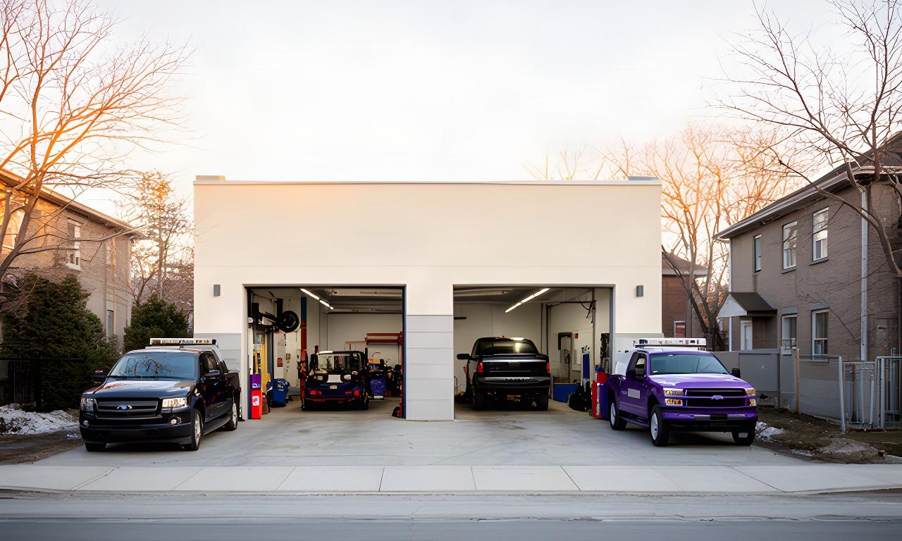 Exterior of an automotive repair garage on a Montreal street with service vehicles nearby