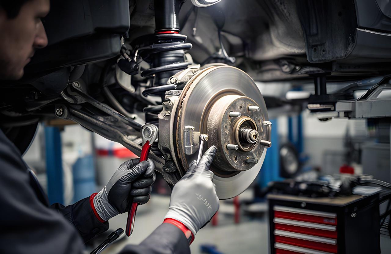 Technician inspecting brake components and suspension parts during a vehicle service