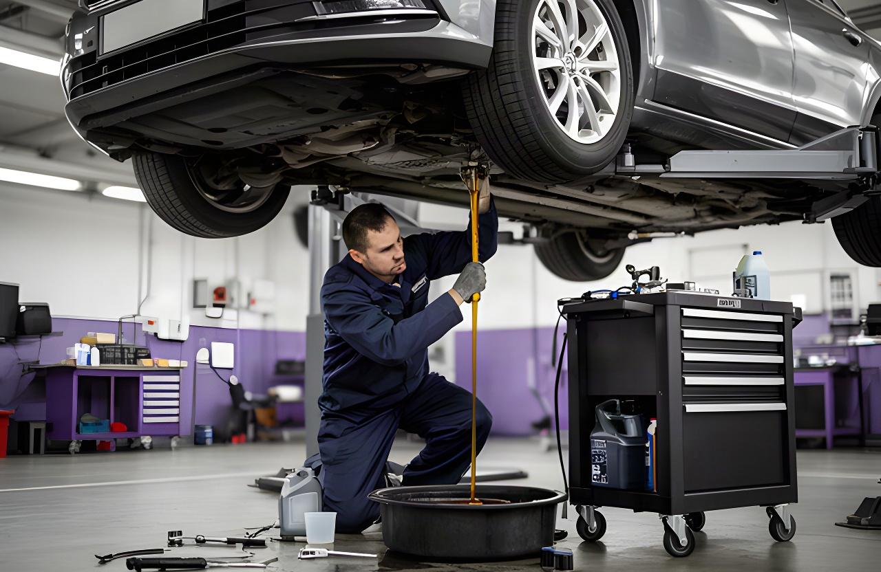 Technician replacing engine oil under a lifted sedan in a clean automotive bay