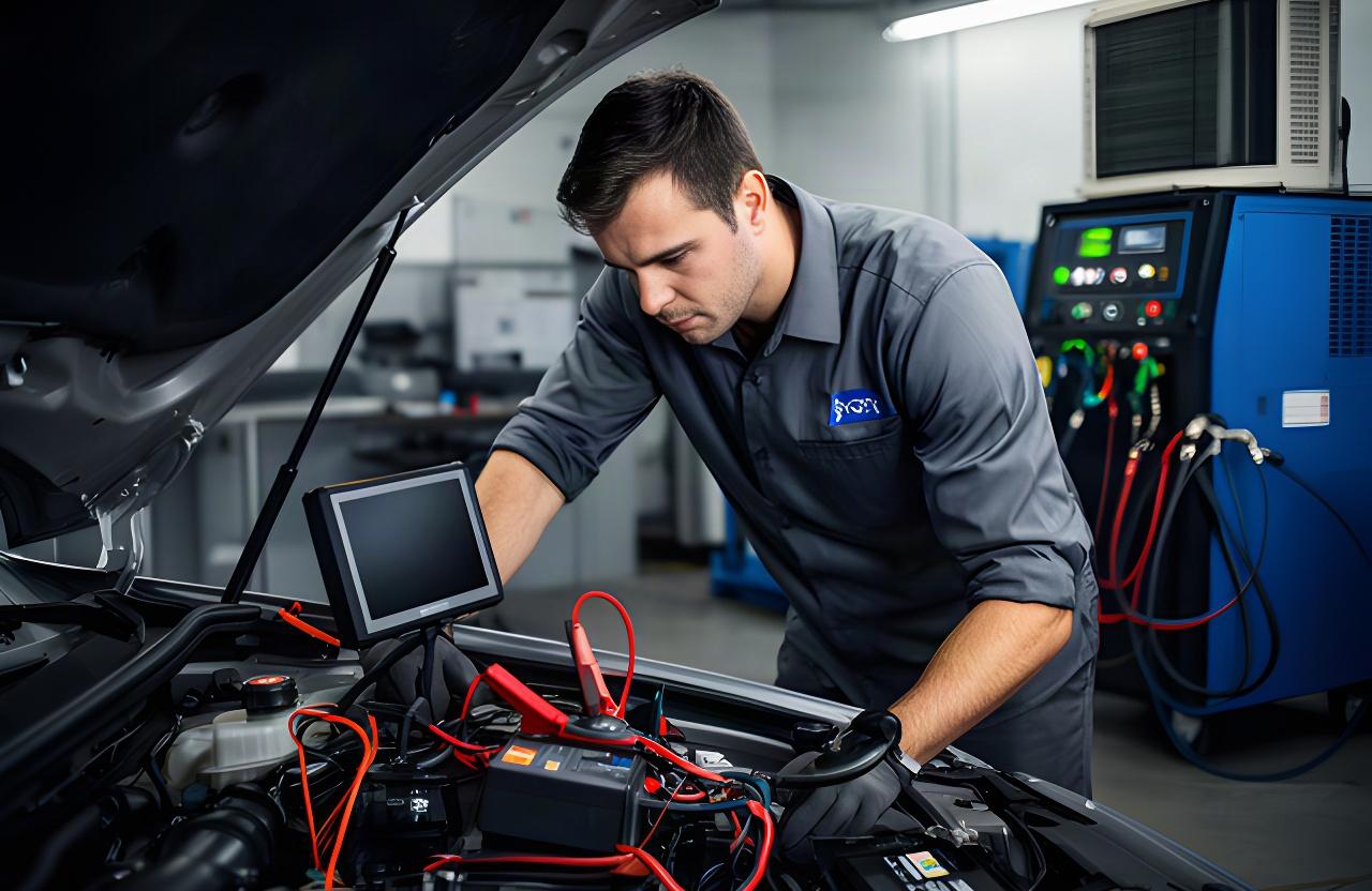 Technician testing a vehicle battery and climate control components in a service bay
