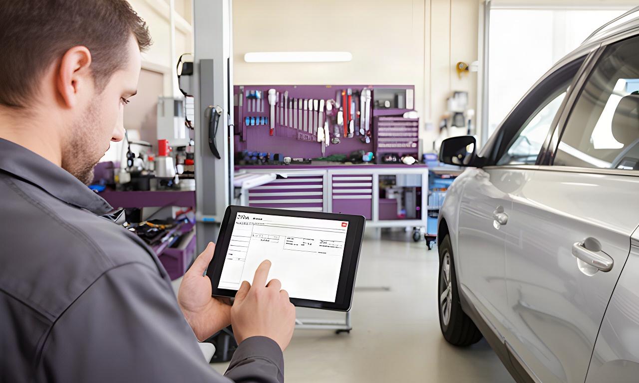 Technician updating a digital service record beside a vehicle in a well-lit garage