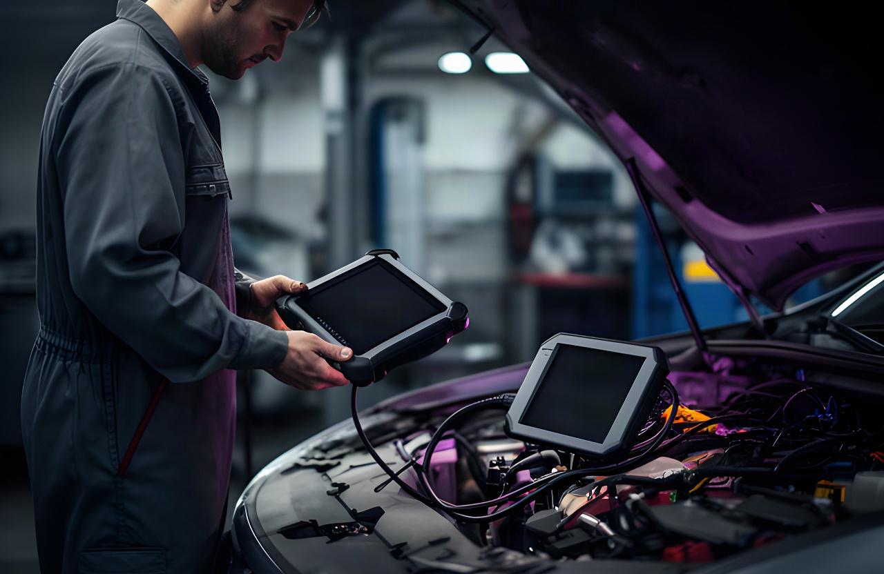 Mechanic connecting a diagnostic scanner to a vehicle in a softly lit Montreal workshop