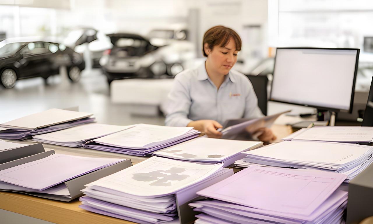 Office administrator organizing customer records and service documents at a workstation