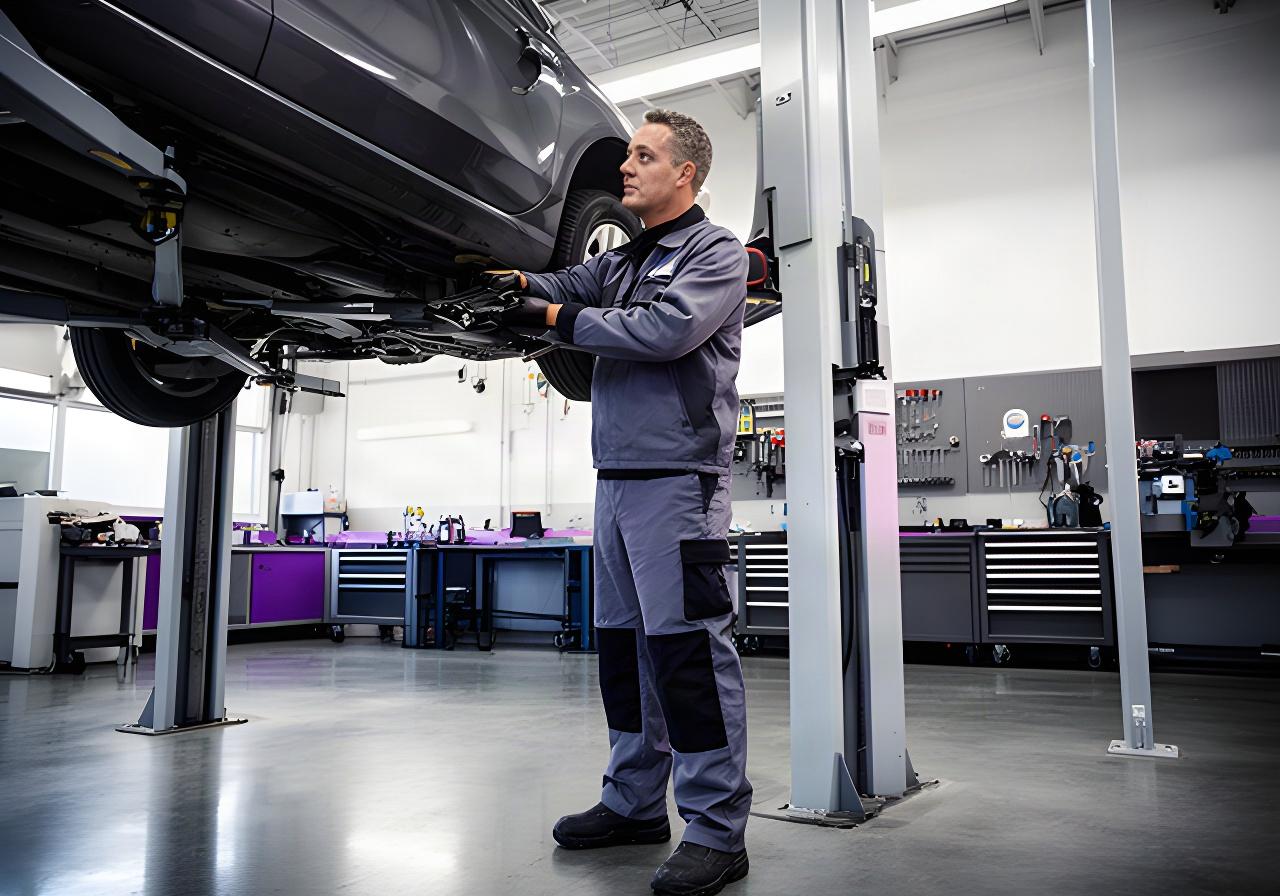Automotive technician working on a vehicle in a well-lit Montreal repair bay