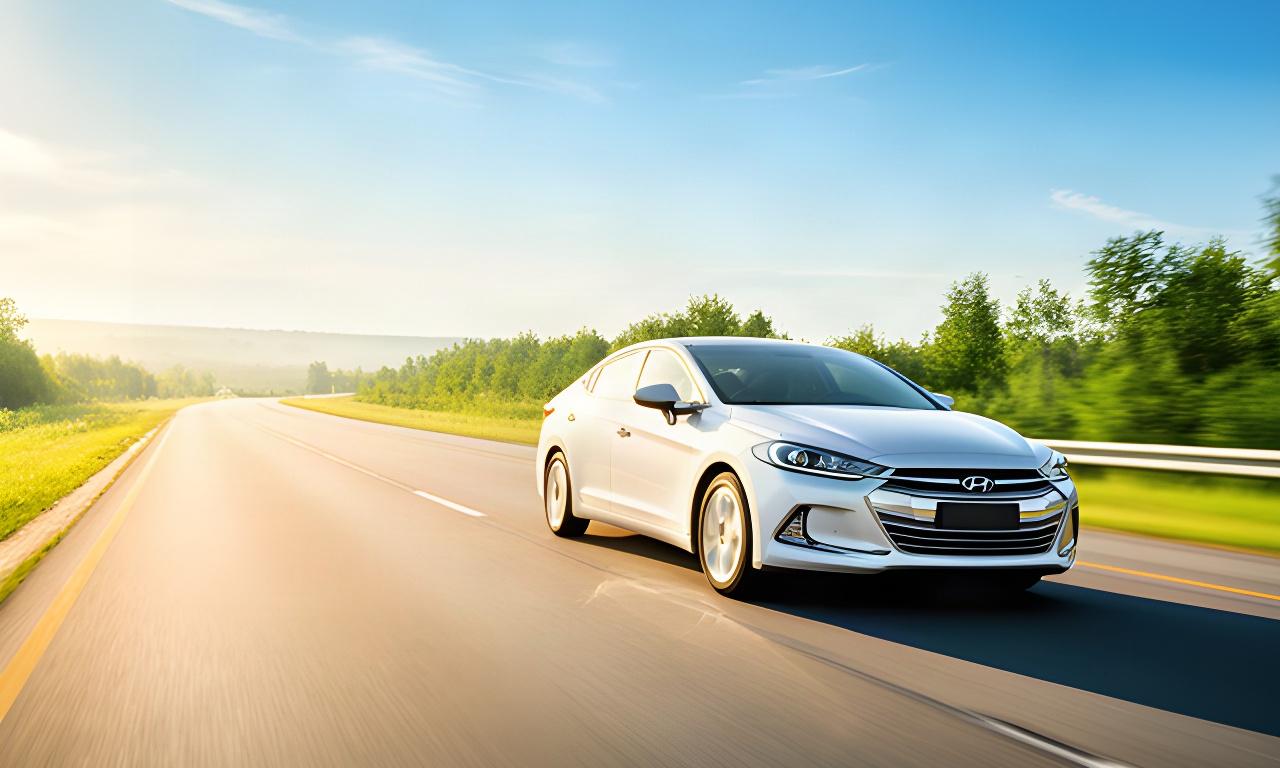 Clean sedan travelling on a sunny Quebec highway with clear summer skies